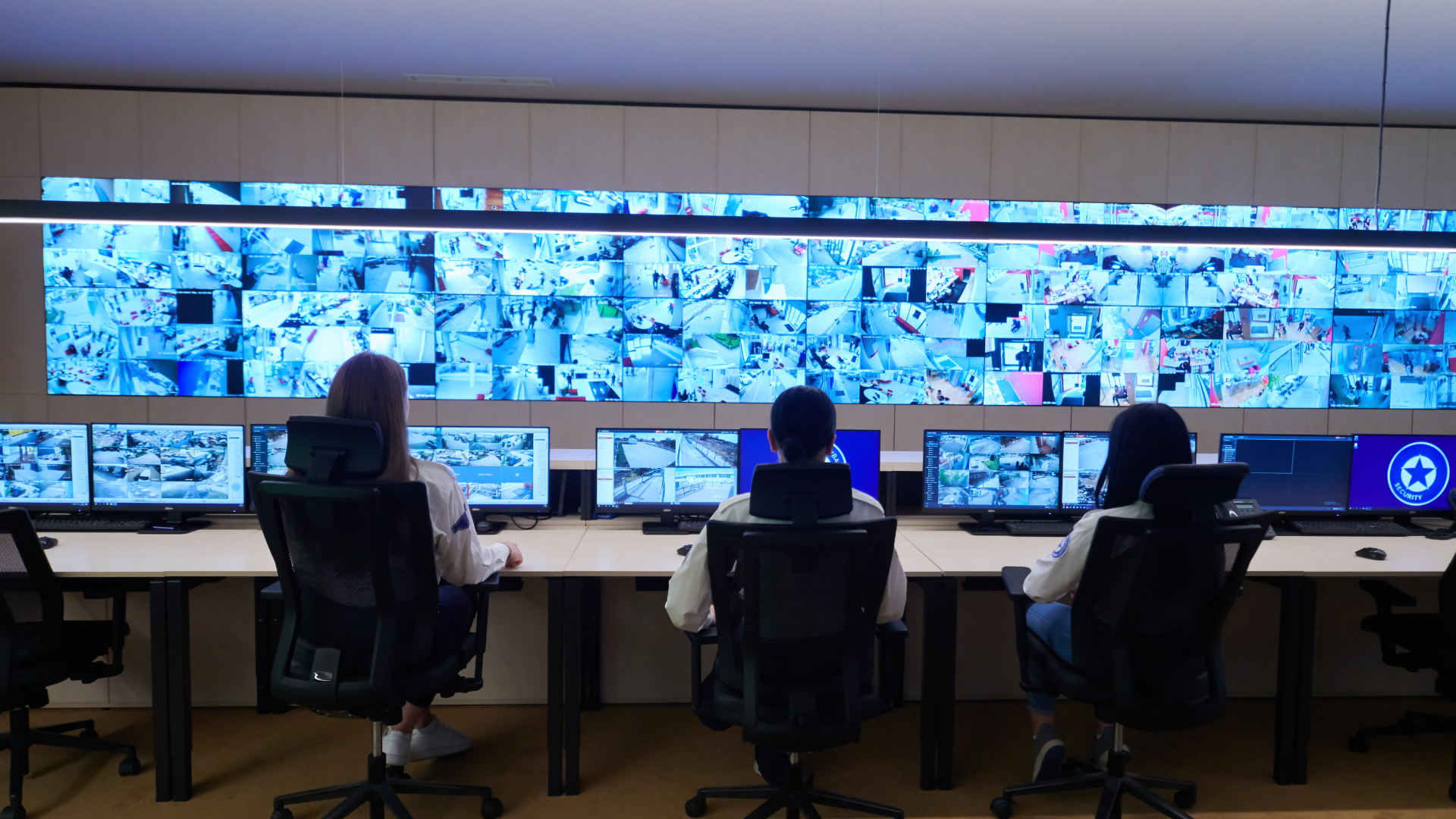 Security control room with surveillance monitors